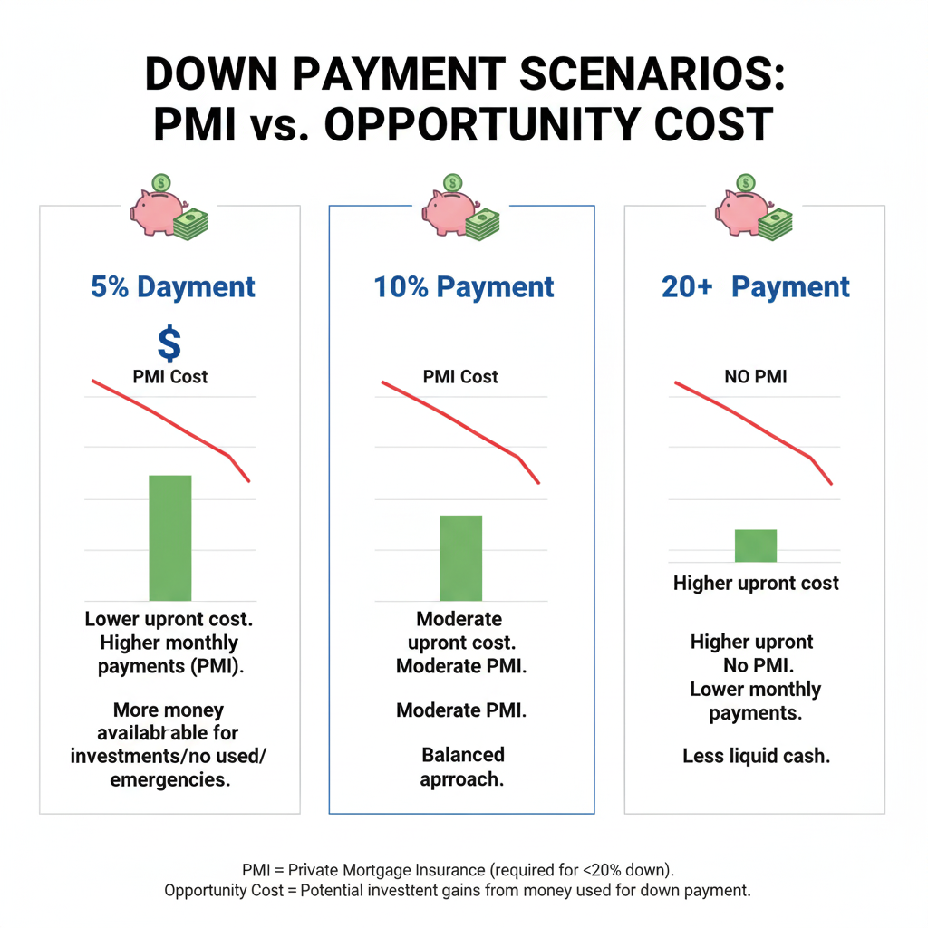 Visual comparison of different down payment scenarios showing PMI costs vs. opportunity cost